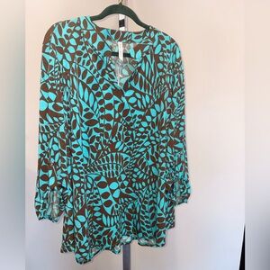 Turquoise and Brown Leaf Print Blouse